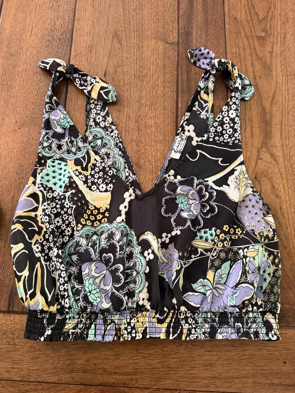 Free People Black Floral Tie-Shoulder Crop Top with Lavender and Mint